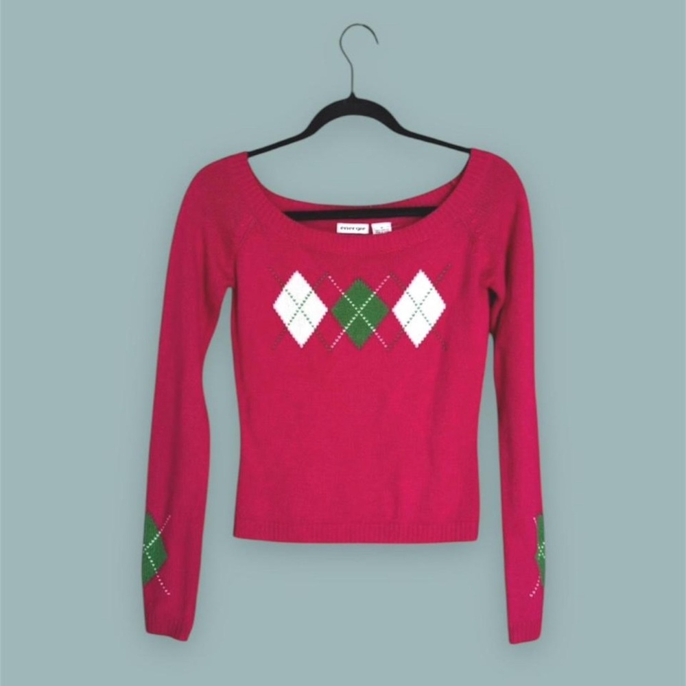 Women's Argyle Sweater - Pink and Green